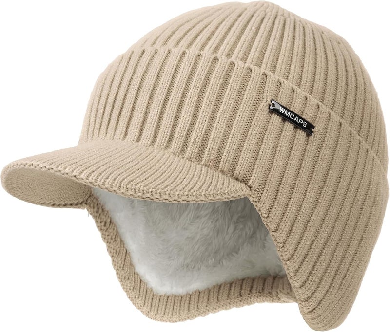 Wmcaps Winter Beanie with Brim and Ear Flaps, Outdoor Warm Fleece Lined Knit Hat Stocking Caps for Men Women - Image 1